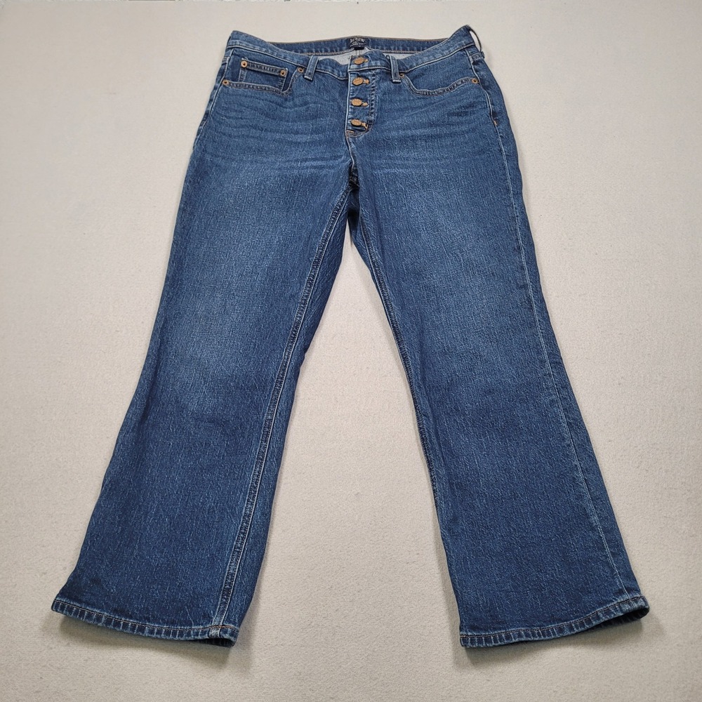 J.Crew Mid-Rise Flare Crop Blue Denim Jeans Button Fly BT094 Size 29 Womens